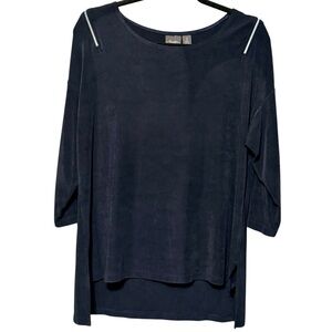 Chicos Travelers Very Dark Blue Black Zip Shoulder Slinky Stretchy Blouse